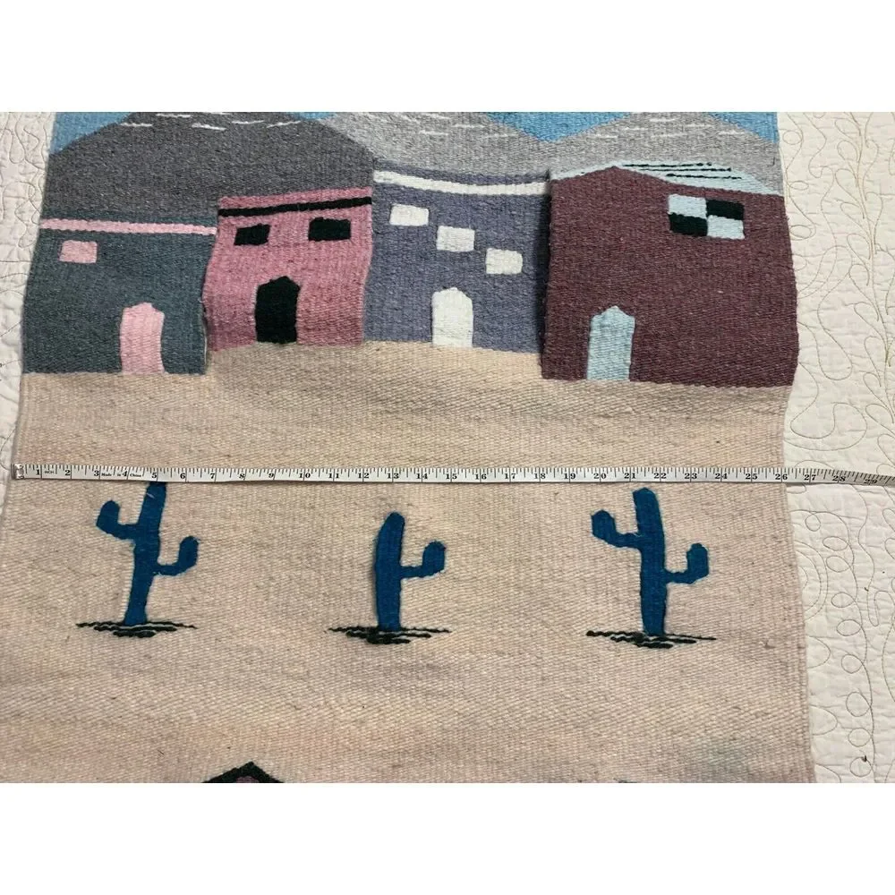 Vintage Handmade Latin American Mexican Wool Tapestry Pastel Kilim Desert Cactus